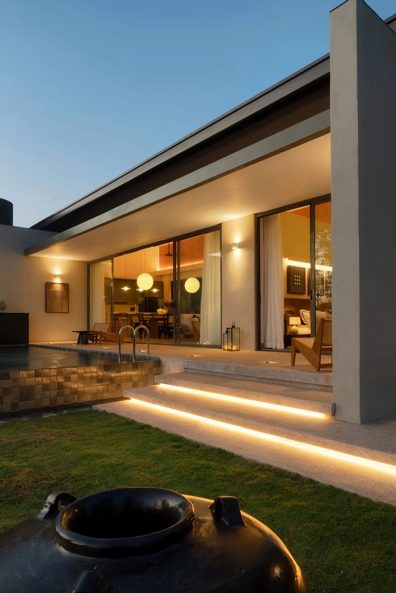 Evening illuminated exterior of Hansa Villa