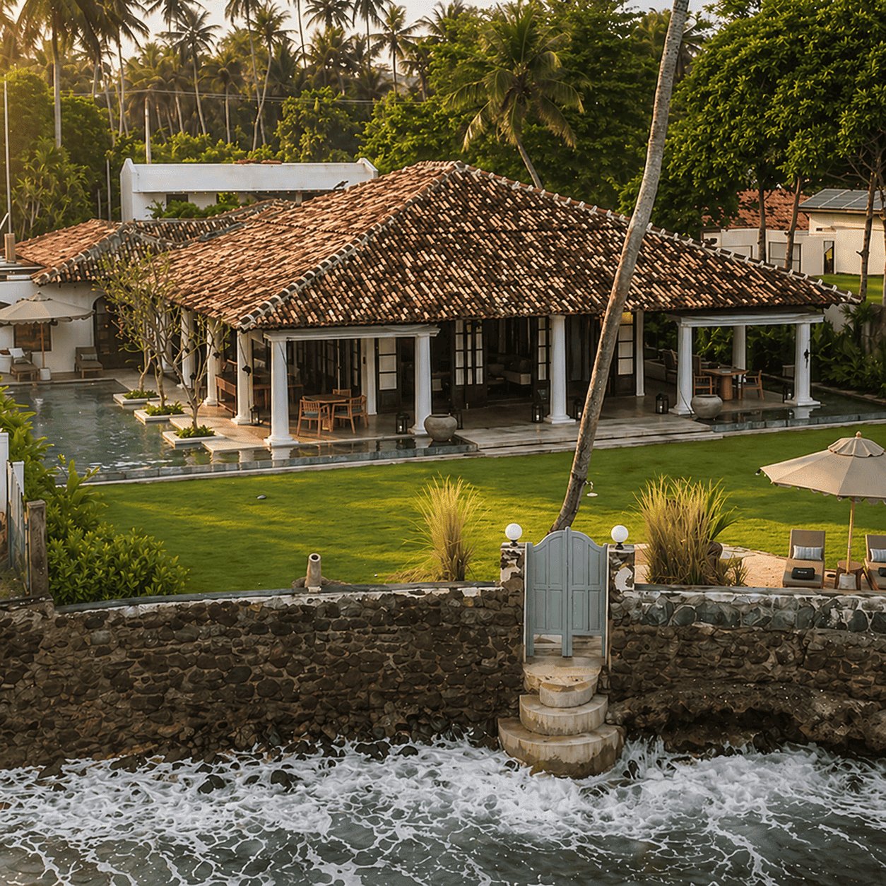 IF Villa seen from the sea — tiled roofs, white colonnades, pool and lawn above the beach gate