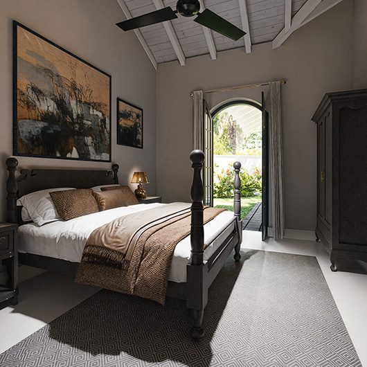 Colonial Garden Suite at IF Villa — four-poster bed with an arched doorway opening to the garden