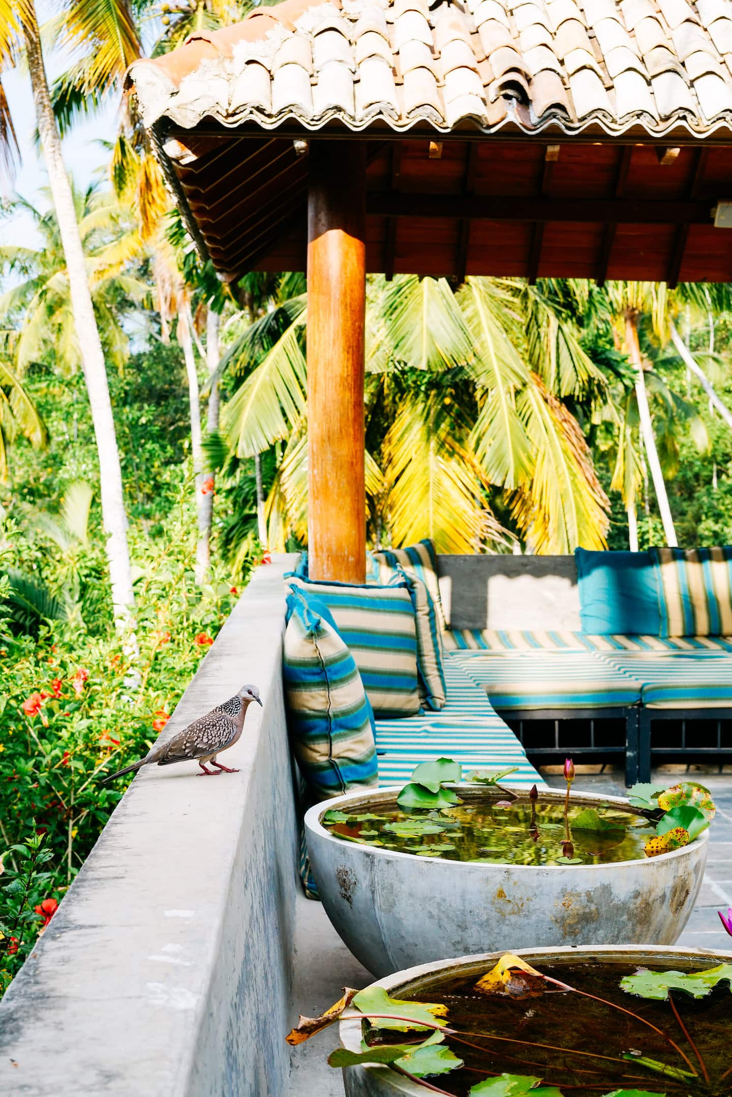 Daybed on the terrace at Kumara Luxury Villa shaded by tropical palms