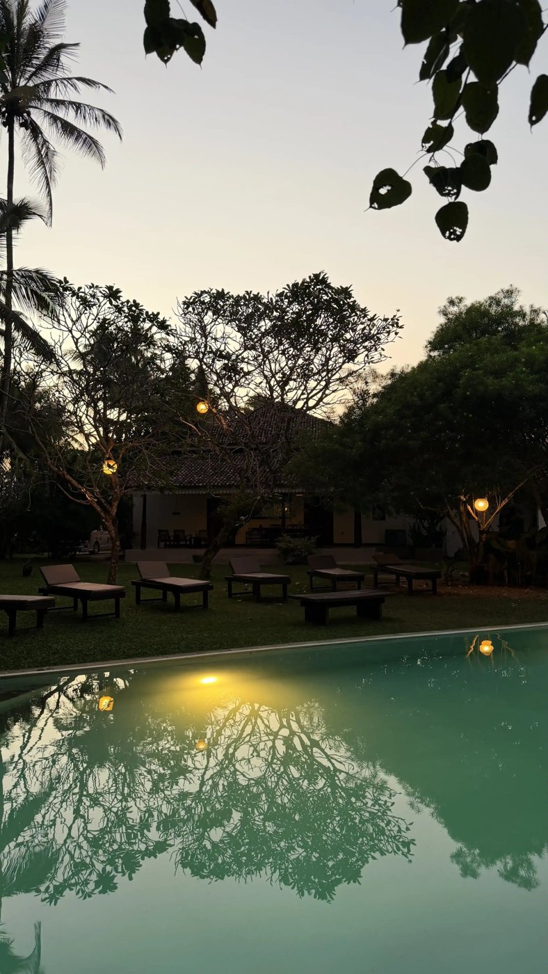 The pool at Lime House at dusk, garden lights reflected on still water