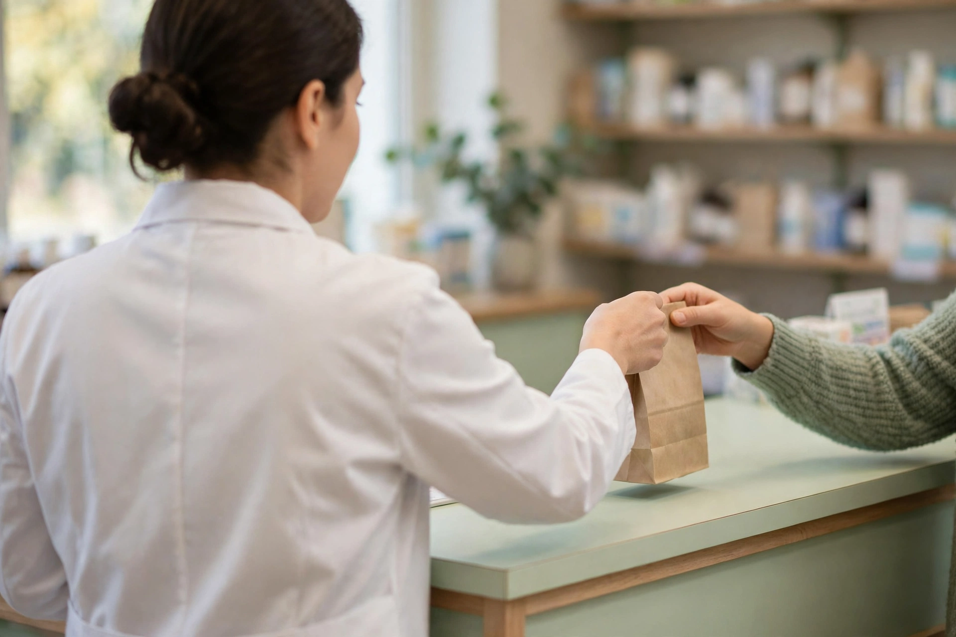Illustrative photograph: pharmacist handing a paper bag to a customer at a pharmacy counter