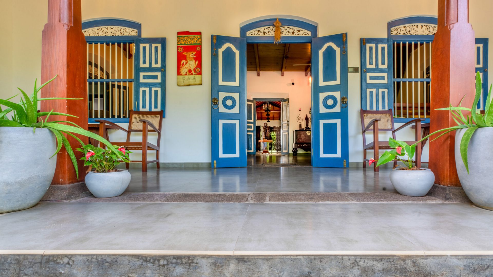 Front veranda of The Blues Villa with its signature blue doors
