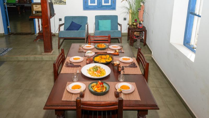 Dining table set for a meal